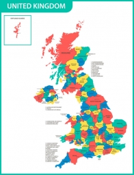  Magnetická mapa Velké Británie, administrativní, barevná