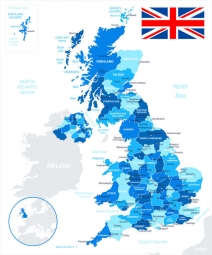  Magnetická mapa Velké Británie, administrativní, modrá