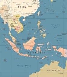  Magnetická mapa Jihovýchodní Asie, ilustrovaná, vintage