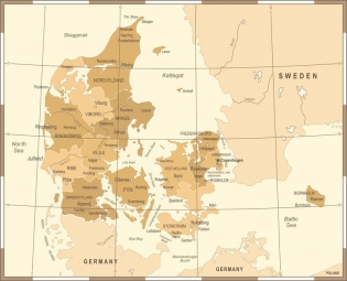  Magnetická mapa Dánska, ilustrovaná - rámeček, hnědá