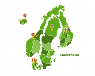 Magnetická mapa Skandinávie, ilustrovaná, zelená