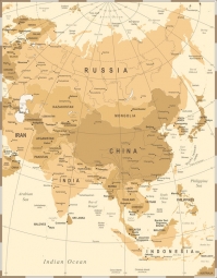  Magnetická mapa Asie, vintage, béžová