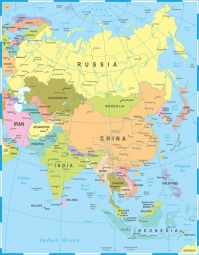  Magnetická mapa Asie, politická, barevná