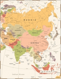  Magnetická mapa Asie, vintage, béžová