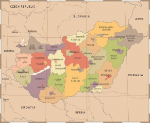  Magnetická mapa Maďarska, vintage, detailní