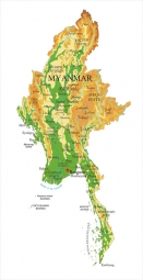  Magnetická mapa Myanmaru, geografická, reliéfní