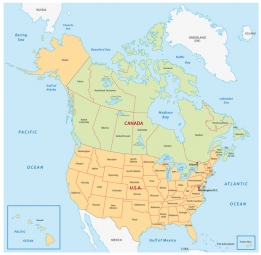 Magnetická mapa Severní Ameriky, politická, barevná