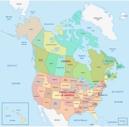  Magnetická mapa Severní Ameriky, politická, barevná