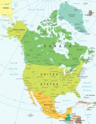  Magnetická mapa Severní Ameriky, politická, barevná