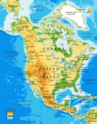  Magnetická mapa Severní Ameriky, geografická, barevná