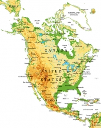  Magnetická mapa Severní Ameriky, geografická, barevná
