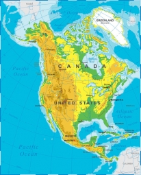 Magnetická mapa Severní Ameriky, geografická, barevná
