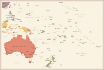  Magnetická mapa Austrálie a oceánie, vintage, barevná