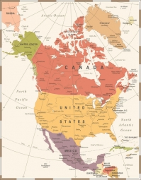  Magnetická mapa Severní Ameriky, vintage, barevná