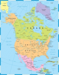  Magnetická mapa Severní Ameriky, politická, barevná