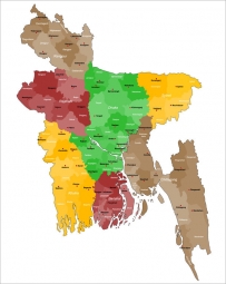  Magnetická mapa Bangladéše, administrativní, barevná